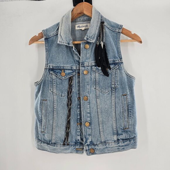 Madewell Denim Vest Light Wash 100%‎ Cotton Pockets Gold Buttons Upcycled Small - Picture 1 of 4